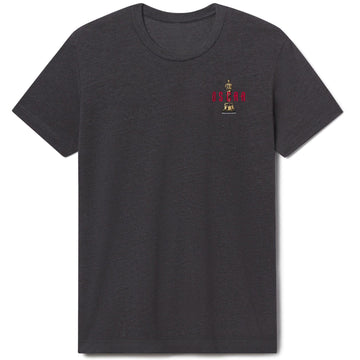 Black t-shirt with a small red and gold logo on a white background